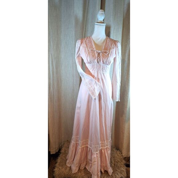 70's Pink Corset Dress Vintage Homemade Prairie Style Long Sleeve Maxi - Picture 2 of 13